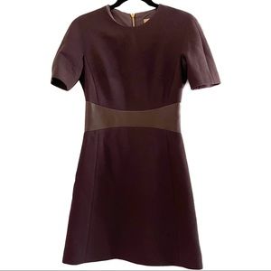 Michael Kors Collection Leather Waist Chocolate Brown Wool A-Line Dress